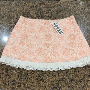 Urban Outfitters Peach Floral Lace Mini Skirt with Cream Ruffle